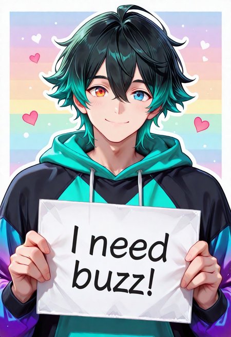 score 9, score 8, score 7, masterpiece, best quality, gorgeous details, best aesthetics, perfect anatomy, perfect proportions, high resolution, anime illustration of a man, white border, white outline, 1 boy, male forum, solo, smile , colored hair, random hair color, random eye color, green hair, black hair, multicolored hair, blue eyes, orange eyes, pastel colors, rainbow background, a multicolored hoodie with an iridescent gradient, In his hands he holds a cardboard sign with the inscription "need_buzz" and heart , on which it says, street background,