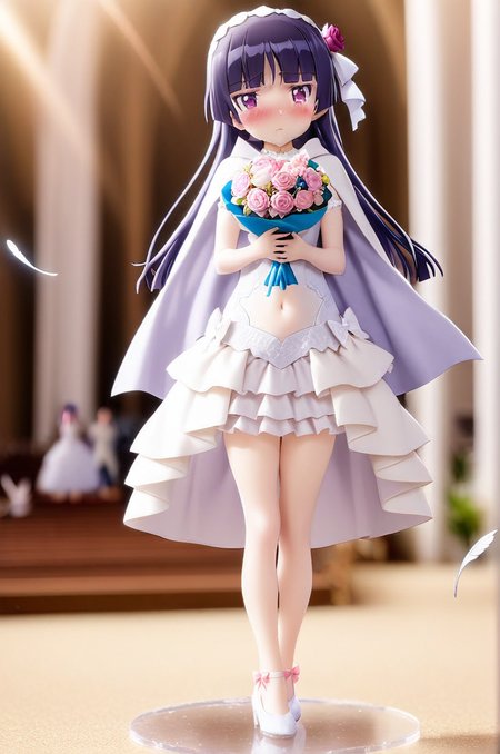 1girl,gokou ruri,petite,blush,shy,(gorgeous wedding dress),incoming,frilled swimwear,cape,bouquet,beach,church,flare,navel,floating feather,anime figure,masterpiece, best quality,  <lora:ruri_XL:0.7> <lora:better skin typeB-v1:0.5> <lora:XDetail_light:1> <lora:FigureXL:1>
