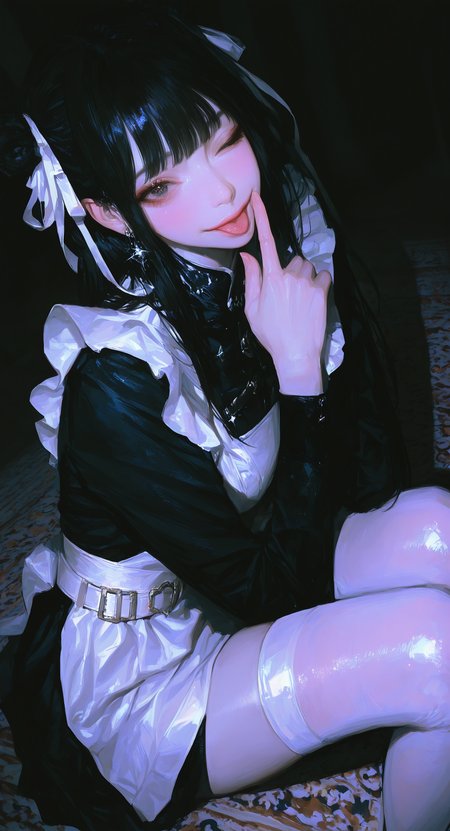 masterpiece, best quality, good quality, very awa, very aesthetic, absurdres, newest, 1girl, solo, long_hair, looking_at_viewer, smile, black_hair, dress, thighhighs, ribbon, jewelry, sitting, hair_ribbon, earrings,one_eye_closed, belt, hair_bun,black_dress, white_thighhighs, lips, maid, double_bun, piercing, white_ribbon, knees_up, index_finger_raised, finger_to_mouth, realistic, white_belt, carpet, finger_to_own_chin, asian,Pale skin,sparkling eye,tongue, From Side,Dutch Angle, dynamic Lighting, <lora:ponyv4_noob1_2_adamW-000017:0.7> <lora:USNR_STYLE_XL_lokr:0.45> <lora:745cmSDXLvpred75S:0.4>