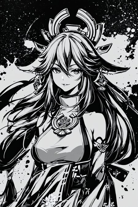 score_9,score_8_up,score_7_up,masterpiece,best quality,
ink \(medium\),1girl,(monochrome,greyscale:1.5),solo,yae miko,long hair,animal ears,fox ears,breasts,wide sleeves,detached sleeves,hair between eyes,low-tied long hair,japanese clothes,earrings,looking at viewer,hair ornament,
<lora:okazu_XL_PONY:1>,