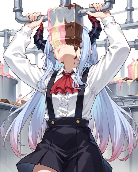 score_9, score_8_up, score_7_up, source_anime,
 <lora:ArcoV2_r1:0.8>  1girl, solo, Arco, long hair, gradient hair, white hair, lilac hair, bangs, (horns:1.2), red ascot, white shirt, black suspenders, black short skirt, red ascot, white shirt, black suspenders,
<lora:iceCreamachine_pony_01a03:1> ice cream machine, covered face, head back, close-up shot, arms up, holding, (ice cream on body, ice cream on face, ice cream stains),