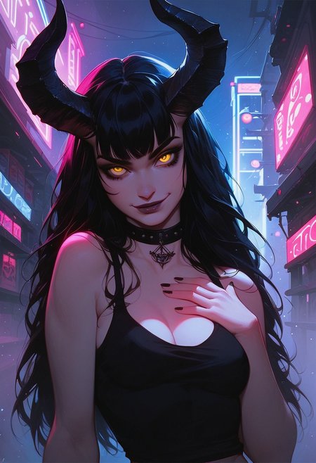 score_9, score_8_up, score_8_upl, demon, horns,  black hair, ((long hair)), ((bangs)), straight hair, choker, portrait, tank top, small breasts, beautiful, night neon lighting, city, g0thicPXL, GTA, smirk, yellow eyes, cleavage, big eyes, goth, extreme detail, hand on chest, storefront
