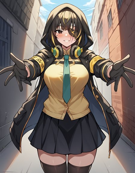 score_9, score_8_up, score_7_up, source_anime, <lora:girlsfrontline-m16a1-ponyxl-lora-nochekaiser:1>, m16a1, black hair, long hair, black eyes, streaked hair, yellow hair, bangs, braid, braided ponytail, eyepatch, mole, mole under eye, scar, scar on face,, armband, asymmetrical legwear, black gloves, black jacket, black legwear, black skirt, buttons, gloves, headphones, headphones around neck, hood, hooded jacket, jacket, knee pads, necktie, skirt, strap, unevent legwear, shirt, yellow shirt, hood down, mature female, medium breasts,, alley, narrow, urban, dark, buildings, , <lora:incoming-hug-ponyxl-lora-nochekaiser:1>, incoming hug, looking at viewer, reaching, reacing towards viewer, outstretched arms,, bedroom, smile, blush, parted lips, looking at viewer, solo,, dutch angle, cowboy shot