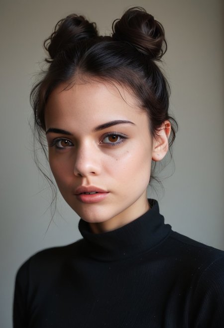 realistic, 23yo girl, 1 top bun black hair, brown eyes, UHD, photorealistic, best quality, masterpiece, 16K, cinematic