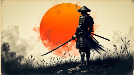 A minimal Anthotype print of the last weary samurai standing after an intense battle.   He wears no armor nor any helmet. He holds his sword in hand.  He is battered, bruised, and bleeds from several minor wounds.  He is weary, disgusted, disheartened, and saddened at the lives that were lost.  A prominent orange rising sun dominates the background.  This is a full frame body shot, from head to feet, providing a environmental wide angle view of the entire body.  intricate details, masterpiece, best quality.  Soft volumetric lighting.  <flux_realism_lora:0.42> <FluxDFaeTasticDetails:0.36> <BaroqueColorful:0.48>