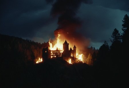 cinematic wide shot of a burning castle on a hill, dark night, stormy forest, creepy atmosphere, h4mm3r <lora:h4mm3r:0.8>