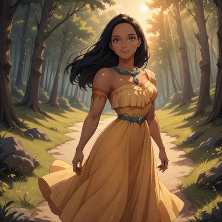 score_9, score_8, BREAK, solo, black hair, brown eyes, necklace, off shoulder dress, yellow dress, left arm tattoo, red tattoo, breasts, barefoot, dark skin, dark skin female, Pocahontas, cute, sexy pose, self portrait, smile, outdoors, sunlight, shadows, evening lighting, natural lighting, forest, trees, grass, orange sky, sunset