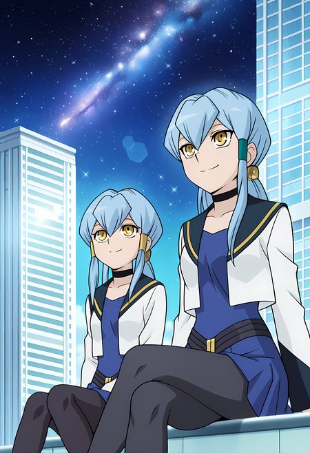 masterpiece,best quality,amazing quality,

2girls, 

(1girl, Jillian & Sharlene (Cardfight Vanguard), jillian chen, long hair, blue hair, hair tubes, sidelocks, ponytail, choker, yellow eyes, sharp eyes, school uniform, jacket, long sleeves, blue skirt, black pantyhose),

(1girl, Jillian & Sharlene (Cardfight Vanguard), sharlene chen, long hair, blue hair, hair tubes, left sidelocks, ponytail, choker, yellow eyes, school uniform, jacket, long sleeves, blue shorts, black pantyhose),

BREAK

side to side, looking up, smile,

cinematic, cross legs, crossing legs, 

Outdoors, night, On top skyscraper, galaxy sky,

Lens flare, bloom,

Official style, anime screencap, anime coloring,












