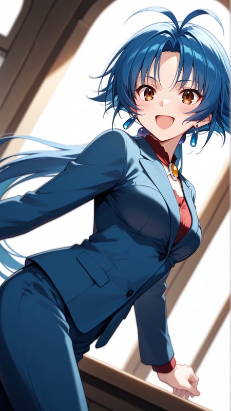 source_anime, general, best quality, masterpiece, 1girl,  <lora:Aria_Advance_ill_v1.1:1> aria_advance\(srw\), brown eyes, blue hair,medium breasts,long hair,low ponytail , jewelry,earrings,business suit, happy, (embarrassed:0.8),  dynamic pose, dutch angle,