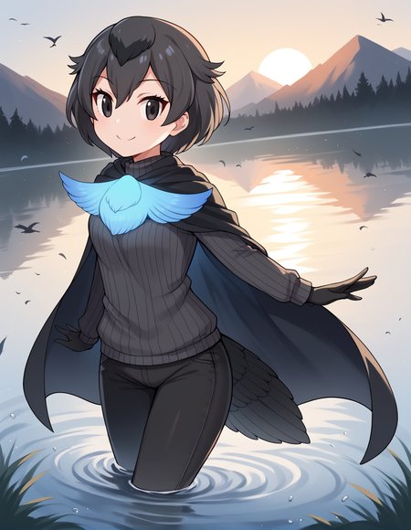 score_9, score_8_up, score_7_up, score_6_up, score_5_up, score_4_up, source_anime, rating_explicit, BREAK, <lora:SBoPWPXL_LoRA-C3Lier_AdamW_Dim16_Alpha16_UN-3e-4_TE-1.5e-4_8batch_ponyDiffusionV6XL_v6StartWithThisOne:1>, superb bird-of-paradise \(kemono friends\), 1girl, bird girl, head wings, multicolored hair, short hair, black eyes, bird tail, glowing wings, blue wings, black cape, black sweater, turtleneck, black gloves, long sleeves, black pants, floating, dancing, wading, smile, closed mouth, dutch angle, lake, fog, sunset, caustics, mountainous horizon