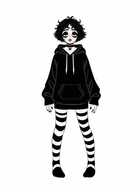 score_9, score_8_up, score_7_up, score_6_up, score_5_up, score_4_up, rating_safe,
BREAK
boy with black hair, femboy, trap, otoko no ko, black eyes, messy hair, short hair, black eyeshadow, black eyeliner, bags under eyes, thick lips, adult, mature,
BREAK
solo, standing, skinny, thigh gap, black hoodie, black striped thighhighs, oversized clothes, long hoodie, black nails, black choker,
BREAK
white background, sketch, godivaghoul, <lora:Lunas-GodivaGhoul-SDXL-B2:1>