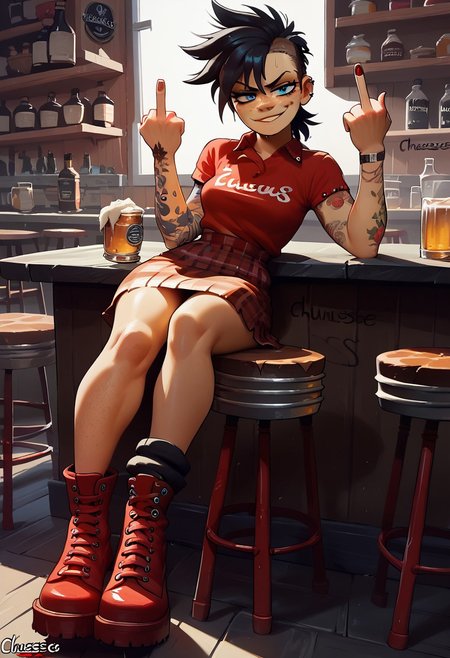score_9, score_8_up, score_7_up, score_6_up
1girl, solo, cute tomboy, black hair, medium breasts, polo shirt, freckles, blue eyes,  ((chelsea haircut)), ((plaid skirt)), large ass, big eyes, holding up middle finger, smug face, ((pub)), tattoos, ((red laced ankle boots)), PunkDocs,