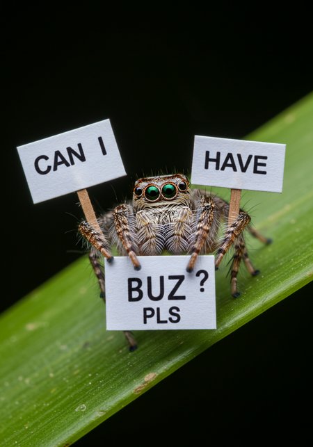 a macro shot of a cute jumping spider on a green leaf. He holds up 3 signs. sign 1 says 'CAN I'. Sign 2 says 'HAVE'. Sign 3 says 'BUZZ'PLS'.