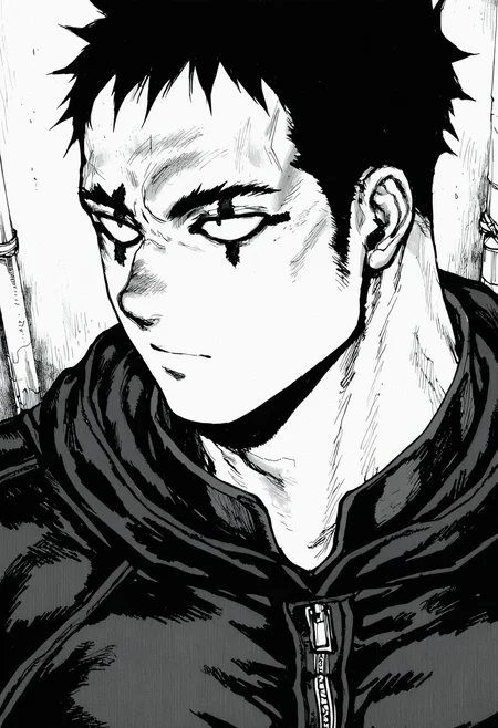masterpiece, best quality, newest, absurdres, highres, very awa, 1boy, male focus, kai \(dorohedoro\), eye tattoo, cross facial mark, official art, greyscale, solo, monochrome, upper body, looking to the side, looking ahead, sanpaku, screentones