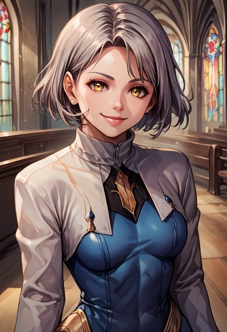 score_9, score_8_up, score_7_up, score_6_up, score_5_up, score_4_up,anime coloring BREAK source_anime,anime, detailed, intricate details, chromatic aberration, realistic, veins source_anime, 
<lora:febronia0829-sdxl-000020:1>, febronia \(xenosaga\), 1girl, solo, looking at viewer, short hair, robe, indoors, church, yellow eyes, grey hair, blue pants, turtleneck, boots, long sleeves, lips, smiling
Face Focus, Upper Body detailed eyes、detailed face and detailed skin <lora:add-detail-xl:1.0>