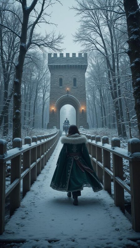 <lora:ck-waterworld.safetensors:1> ck-wtr, transparent, made out of ck-wtr
Wandering through the snow-laden forest, the ancient oaks stand tall, their branches heavy with a fresh layer of white. The air is crisp, and the silence is profound, broken only by the soft crunch of boots on snow. The wooden bridge, now crafted from sturdy oak and adorned with iron supports, spans a frozen stream, leading to a stone tower in the distance. The bridge's rustic charm contrasts beautifully with the grandeur of the medieval keep, its stone walls rising high, illuminated by the flickering torches that line the pathway.
A young noblewoman, perhaps in her mid-twenties, with dark hair and a pale complexion, walks gracefully across the bridge, her fur-lined cloak billowing in the gentle wind. She wears a deep green dress, embroidered with silver thread, and her eyes reflect the wonder of the winter wonderland around her. Her breath forms small clouds in the cold air, adding to the enchantment of the scene.
The sound of hooves echoes from the tower, and a knight in gleaming silver armor emerges, his visor lowered, riding a powerful steed. He pauses, glancing at the noblewoman, and nods in respectful greeting before continuing his patrol. The interplay of light and shadow created by the torches casts a mystical glow over the forest, transforming it into a scene straight from a medieval tale of romance and adventure.
The air is filled with the scent of woodsmoke from distant hearths, and the serenity of the forest is a stark contrast to the bustling life within the castle walls. This moment, captured in the heart of winter, is a testament to the timeless beauty of nature and the enduring allure of the medieval era.