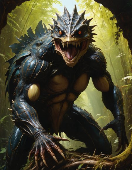 by (Roger Dean:1.2) and (Donato Giancola:1.1), hyper realistic medium full shot photo of  a (monster lurking in the shadows:1.1),  (reptilian , angelic , masterful:1.4), poster art, bold lines, hyper detailed, expressive,  award winning,  dark limited color palette, high contrast, depth of field, (intricate details, masterpiece, best quality:1.4),
RGB lighting, looking at viewer, dynamic pose, wide angle panoramic view,
<lora:add-detail-xl:0.8> <lora:xl_more_art-full_v1:0.5>  <lora:NicolaSamori:0.4> in the style of nicola samori <lora:looking_at_viewer:2>