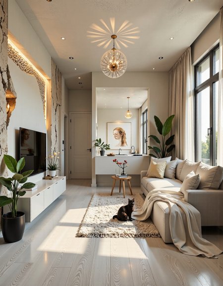 A photo of a cozy and stylish living room in a 30 sq.m studio apartment, designed in modern minimalism with personality and warmth. Light grey porcelain tile flooring with white wood texture, white soft rug in the center. A comfortable light-grey sofa against the far wall (opposite the window), floating TV console on the left wall under a flat-screen TV. the wall behind the TV has a stylish design solution with decorative inserts  imitation of natural stone, highlighting the TV area in a special way. beautiful lighting and chandelier.
One large window on the right side lets in natural soft daylight. The walls are painted light beige with a textured plaster finish. Add warm indirect lighting, a few green indoor plants, and artistic decor with soul — like handmade art or a personal photo. No yellow tint, keep colors neutral and soft. Include a real-looking playful cat on the rug or sofa, not stylized. The space should feel peaceful, lived-in, and personal — not like a showroom.warm and dreamy space. The overall decor combines modern and classic elements, creating a serene atmosphere.    <lora:CTAI-house in the rock:1> CTAI-house in the rock interior <lora:fluxenhancer:0.6>   <lora:Fluxartis Photography:1>