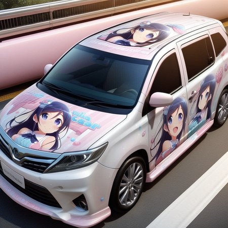 aragaki ayase,smile,vehicle focus, from side(lapping car,print car,painted car style),masterpiece,best quality, very aesthetic, absurdres,  ultra detailed  <lora:Ayase_Aragaki_-_Oreimo:0.7> <lora:lappingcar:1>