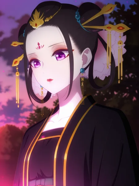 <lora:Ryuu_Jusetsu_v6:0.8>, ryuu jusetsu, 1girl, solo, purple eyes, red eyeshadow, red lips, forehead mark, black hair, hair rings, double bun, sidelocks, hair flower, hair beads, kanzashi, earrings, black kimono, gold trim, long sleeves, closed mouth, standing, arms at sides, portrait, looking down, outdoors, nature, sky, cloud, tree, twilight, underlighting, bloom