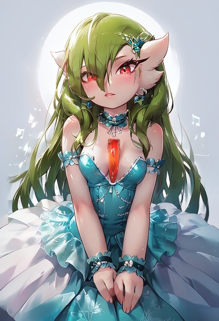 (((gardevoir))), female, furry, (long green hair), pale skin, (score_9, score_8_up, score_7_up), 20 year old, long green hair,  idol dress, perky breasts, hair over breasts, long hair, pretty face, looking at viewer, red eyes, vivid eyes, EGirlMakeup, light freckles, idol outfit, singing, on the stage, volumetric lighting, vivid colours,  g0thicPXL, face focus, Rilex Lenov Art style