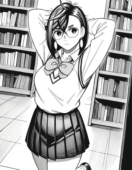 score_9, score_8_up, score_7_up, source_anime, <lora:momo-ayase-manga-ponyxl-lora-nochekaiser:1>, momo ayase, short hair, bangs, thick eyebrows, monochrome, greyscale, medium breasts,, skirt, school uniform, pleated skirt, shoes, socks, loafers, sweater vest, shirt, white shirt, collared shirt, earrings,, library, reading books, glasses, quiet, focused, shelves of books, , hand behind head, , looking at viewer, solo,, dutch angle, cowboy shot