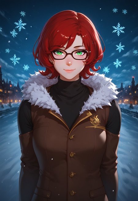 rwby, score_9, score_8_up, score_7_up,score_6_up, Expressiveh, 1dk, MAMANIKOS, 1girl, solo, mature woman, short hair, red hair, green eyes, glasses, age lines, 1girl, solo, alone, looking at viewer, score_9, source_anime, smile, closed mouth, long coat with fur trim, closed coart, shirt, pants, age lines
BREAK
city background, night, snow falling, snow, snowflakes, snowflakes in the air, cloudy sky