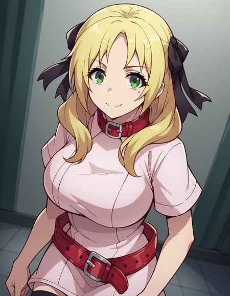 score_9, score_8_up, score_7_up, source_anime, <lora:esther-rosenthal-acc1-ponyxl-lora-nochekaiser:1>, esther rosenthal, long hair, blonde hair, green eyes, mole, mole under eye, black ribbon, black bow, hair ribbon, large breasts,, thighhighs, belt, nurse, dress, pink dress, short sleeves, collar,, indoors, smile, looking at viewer, solo,, cowboy shot, dutch angle