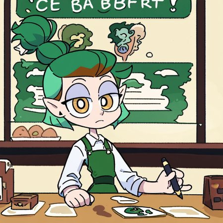 score_9, score_8_up, score_7_up, 1girl, amity blight, yellow eyes, pointy ears, green hair, medium hair, half updo, upper body,
standing, looking at viewer, bags under eyes, 
cafe, behind counter, frown, starbucks, starbucks barista, powerpuff, only
1 pen in scene,