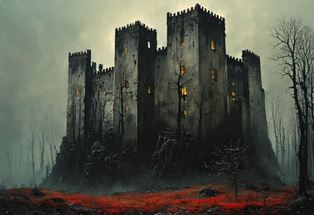 impactful paint of an  horror castle in   a forest   <lora:The_Dark_Side_of_the_Earth:1>,    highly detailed,   8k,   sharp,  professional, clear,   high contrast, high saturated, , vivid deep blacks, crystal clear