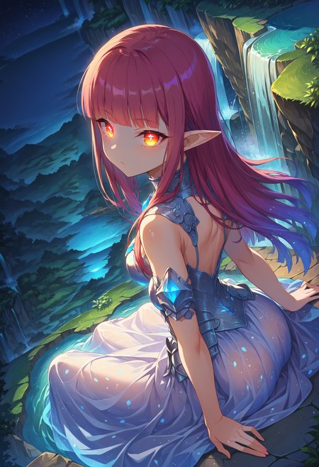 score 9, 1girl, girl knight, beautiful detailed eyes, glowing eyes, blunt bangs, gradient hair, pointy ears, [pearl:opal:0.5] armor, armored dress, 
waterfall, scenery, outdoors, wariza, sitting, from above, looking at viewer,
detailed Illustration, official artwork, wallpaper, official art, night, dappled moonlight,
<lora:bioluminescent_dress-PD-1.0-full:0.4> bioluminescent dress,
<lora:detailed_backgrounds_v2:0.4>
<lora:IOS_Iridescent_opal_style:0.4>
<lora:absurdres_quality:0.4> masterpeice, best quality, very aesthetic, absurdres