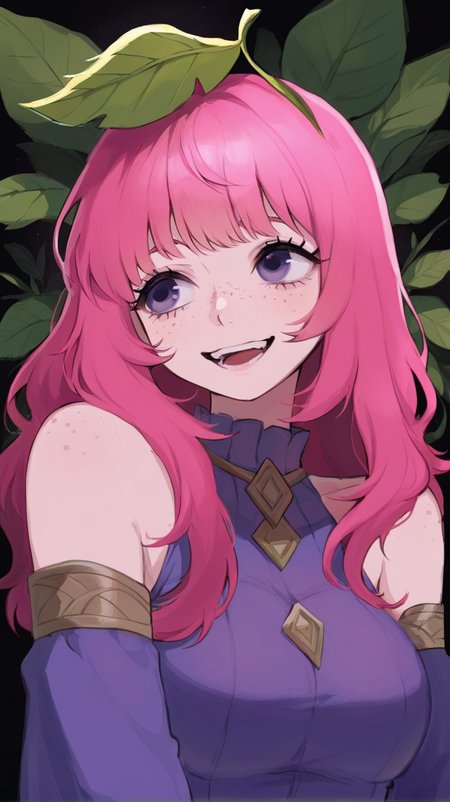 1girl, solo, long_hair, breasts, smile, open_mouth, bangs, shirt, bare_shoulders, purple_eyes, upper_body, pink_hair, detached_sleeves, teeth, leaf, plant, black_background, freckles