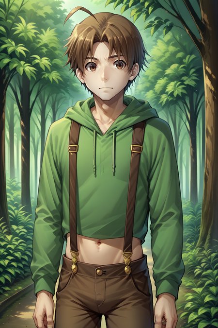 score_9, score_8_up, solo, 1boy, <lora:NSHisaoKatawa:1> NSHisaoKatawa, brown eyes, brown hair, short hair, ahoge, green hoodie, brown pants, suspenders, navel, forest, outdoors