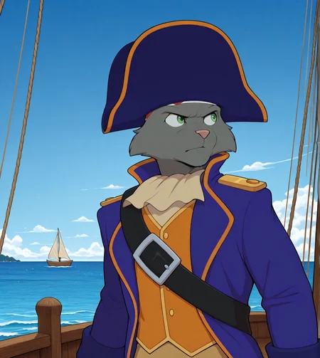 (solo), anthro, furry, male, male focus, manly, solo, captainclaw, feline, green eyes, pirate hat, vest, blue coat, upper body, looking away, serious, sea, boat,
BREAK masterpiece, best quality, amazing quality, very aesthetic, high resolution, ultra-detailed, absurd res, newest,  scenery, <lora:CaptainClaw:1>