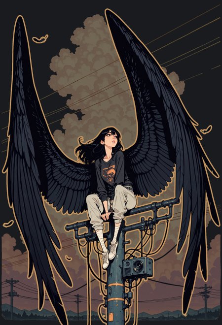 score_9, score_8_up, score_7_up, masterpiece, best quality, very aesthetic, detailed face, (dynamic:1.1), incoth, (incase:0.6), partial illumination, thick linework, illustration, 1girl, d41z3n, harpy girl, huge wings, sitting on landline, sky, black hair, long hair,  feathers, powerline, raven