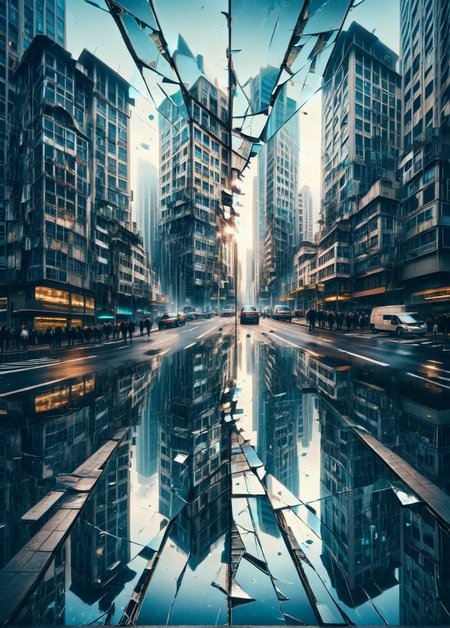 A shattered mirror reflecting an ais-trnshd cityscape at an impossible angle <lora:ais-trnshd-sdxl:1>