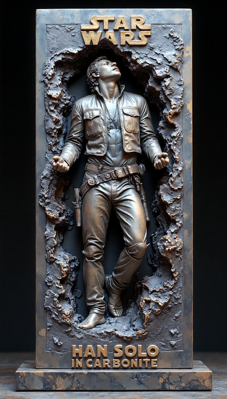 Hyper-realistic professional relief full body artwork depicting Han Solo, frozen in carbonite. Han Solo's body half submerged in the relief, hands palms showing by his chest in surrender, head tipped back yelling in anguish. His clothed metallic body matches the texture and color of the carbonite.  The texture of the carbonite is rendered with a slightly rough, cold metallic finish. The Star Wars logo is at the top and "Han Solo in Carbonite" at the bottom, shot straight against a dark background, intricate details <lora:Relief_Art_for_Flux_-_by_Ethanar:0.9>