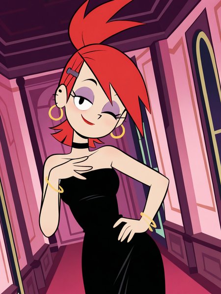 official style, screencap,
1girl, (FrankieFosterSC),, red hair, smile, hairclip, ponytail, earrings, jewelry, black dress, strapless dress, eyeshadow, red lips, bracelet, choker, earrings,
light smile, dutch angle, naughty pose, looking at viewer, indoors, elegant room, solo, dynamic pose, cowboy shot, head tilt, one hand on chest, one hand on hips, one eye closed,
<lora:FrankieXL:1>
