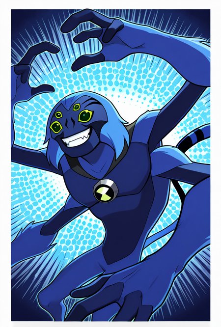 <lora:spidermonkey-09:1> spidermonkey, extra eyes, solo, blue skin, extra arms, long blue tail, , green eyes, teeth, blue hair, pokemon (creature), blue background, smile, teeth, fangs, dynamic pose,, masterpiece, best quality, amazing quality, very aesthetic, absurdres, newest,, upper body, halftone effect, white borders, abstract background:1.2,