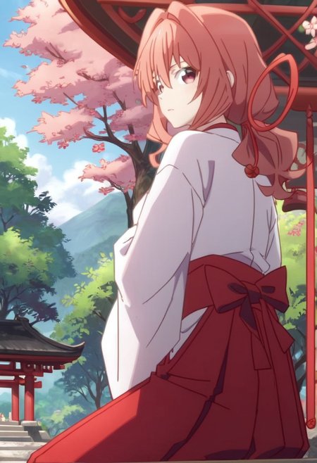 score_9, score_8_up, score_8, day, shrine background, spring, cherry trees, 1girl, amagami, pink_eyes, pink_hair, long_hair, hair_intakes, red_ribbon, hair_ribbon, japanese_clothes, hakui, hakama_skirt, red_hakama, sitting on a bench in a shrine, opening pokémon booster packs,