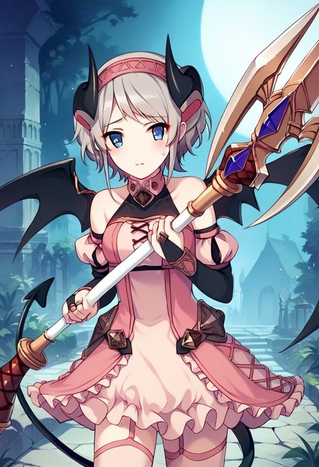 score_9, score_8_up, score_7_up, source_anime, YORI (DEVIL), 1girl, solo, looking at viewer, blush, short hair, bangs, blue eyes, thighhighs, dress, holding, bare shoulders, tail, weapon, grey hair, hairband, frills, detached sleeves, wings, horns, holding weapon, garter straps, demon girl, polearm, demon horns, pink dress, demon tail, bridal gauntlets, black wings, demon wings, black horns