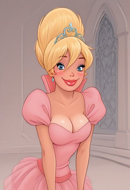score_9,score_8_up,score_7_up,score_6_up,score_5_up,score_4_up, 1girl,  <lora:CharlotteLaBouff_Character-10:0.85>, CharlotteXLP, blonde hair, makeup, blue eyes, pink dress, puffy sleeves, puffy skirt, cleavage, tiara, hair bun, cartoon,  <lora:Bonifasco_PonyXL_v1:0.6>upper body torso portrait,  1girl modeling, castle, furniture, detailed background, smile, looking at viewer, naughty face, cowboy shot, (dynamic pose:1.1), dynamic angle, sexy pose, blush, large breasts, leaning forward, 
 <lora:Dean Yeagle StylePonyLyco:1> dystlye,