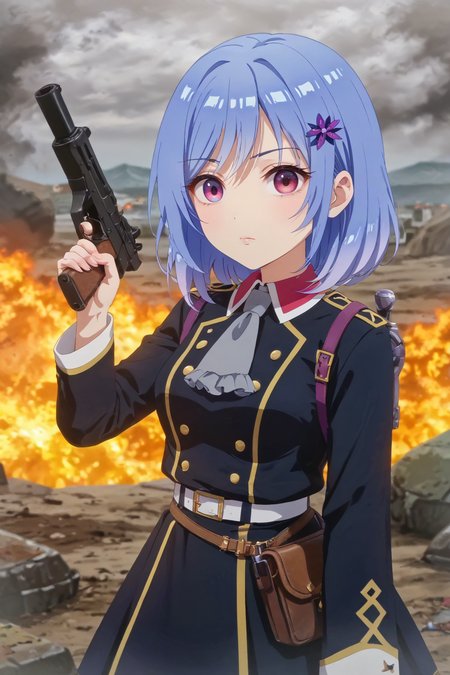 masterpiece, best quality, anime screencap, anime coloring, zPDXLxxx, zPDXL2,
score_9, score_8_up, score_7_up, 8k, best quality, masterpiece, (ultra-detailed:1.1), source_anime, prefect lighting, very aesthetic, intricate details, highly detailed background, prefect hands, eye catching, eyelashes,
<lora:Houkiboshi_Prima_Doll_official_Style-000005:0.8>, 1girl, solo, hair_ornament, blue_hair, purple_eyes, uniform, belt, long_sleeves, military_uniform, hair_flower, military, short_hair, closed_mouth, flower, ascot, hairclip, jacket, Official_anime, anime_coloring, medium_hair, skirt,
 broken city, city under fire, holding gun, holding weapon, gun, a cityscape with smoke and debris in the background, battlefield, ready for battle, wide eyes, lips, serious, looking at viewer,
shiny skin, skin_detail, lustrous_skin, skindentation, 
 natural breasts, beautiful face, perfect face, pretty face, perfect eyes, beautiful eyes, expressive eyes, perfect breasts, wide hip, perfect body, perfect light,
<lora:sdxl-hairdetailer_02:0.35>  <lora:sdxl_lightning_8step_lora:1> <lora:eye_catching:2>  <lora:eyelashes_pony_V1.0:1>