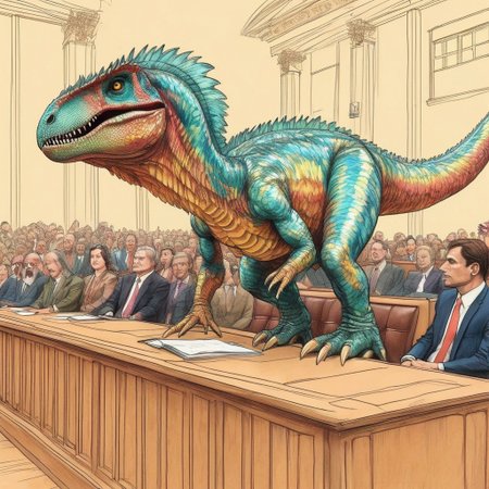 Judgment, standing in the dock, handdrawn sketch of court proceedings on buff coarse paper, colored ink with soft pencil, senior politician:velociraptor:defendant made out of iridescent scales, dinosaur, speaking, being watched by crowd of judges, court of law, 
p1nk1r1sc4l3s