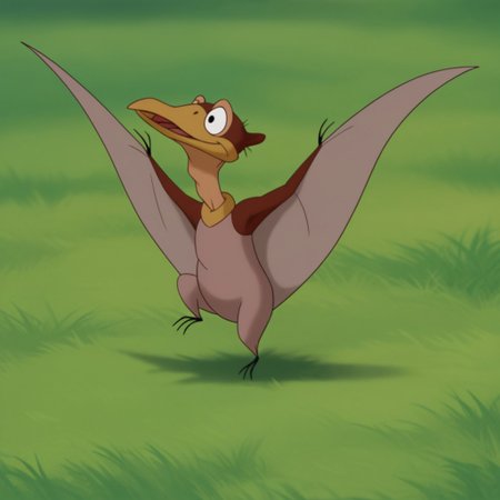 score_9, score_8_up, score_7_up, score_6_up, source_furry, Petrielbtv2, feral, male, Pteranodon, brown skin, black eyes, membranous wings, winged arms,, standing on one leg, open beak, spread arms, grass field,