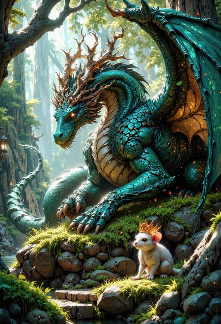 A majestic dragon with shimmering teal scales rests peacefully amidst a lush, enchanted forest. Its intricate, crystal-like wings are partially unfurled, showcasing stunning details and textures. The dragon's fierce yet gentle gaze is highlighted by its glowing, golden eyes. Nearby, a small mouse king sits curiously, contrasting the dragon's formidable presence. The scene is drenched in a soft, ethereal light filtering through the dense tree canopy, casting a warm glow on the verdant moss and stones. Rich greens and earth tones dominate the setting, punctuated by glimmers of fairy-like sparkles and subtle hints of magical energy. The atmosphere evokes a sense of wonder and harmony between the dragon and its companion, captured in hyperrealistic detail., MysticAnimation<lora:Flux/MysticAnimation.safetensors:0.5:0.5> <lora:Flux/MysticFantasy.safetensors:1.0:1.0>