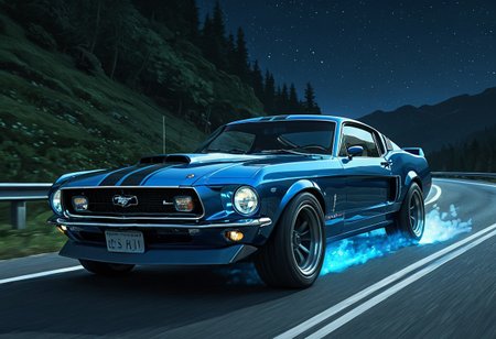 (studio ghibli digital drawing), best quality, masterpiece, extremely detailed, professional art, professional painting, an extremely delicate and beautiful, dynamic, depth of field, elegant, gorgeous, highly detailed, full shot, uncropped, absolutely perfect, highly detailed, breathtaking, sci-fi drift car, sci-fi ford Mustang, hover wheels, blue glowing hover wheels, drifting around corner, light streaks, beautiful mountain road,
At night, night, night sky, dark sky, 
Motion blur, action shot, dutch angle,