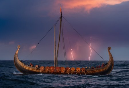 viking ship in front of the sunset, setting on the horizon, (one translucent square sail), men on board, oar, round shields on the side, (dragon head on the bow), crashing waves, rough seas, warm orange and pink hues casting a beautiful glow, cinematic lighting, ethereal atmosphere, subsurface scattering, sss, translucent, landscape, along the coastline of iceland), (smoke, volumetric fog), stormfront and (lightning in the distance:1.2), (illumination, insane, stunning, dramatic, completed artwork), perfect vivid gradient colors, a finished masterpiece of art, Masterpiece, Highly Detailed, Ultra-Detailed, Cinematic Lighting, Hdr, Sharp Focus, <lora:Viking_Ship:1>, <lora:sss:0.8>