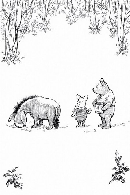 ehshep1 sketch.
three anthropomorphic animals in a snowy forest setting. On the left we see the back view of Eeyore grazing on the ground, its ears drooping slightly, and a small tuft of hair on its head. On the right is Winnie-the-Pooh, holding a jar of honey. Piglet is standing beside Winnie-the-Pooh <lora:ehshep2_cap_d6a3e12:1.0><lora:825901080064869737:0>