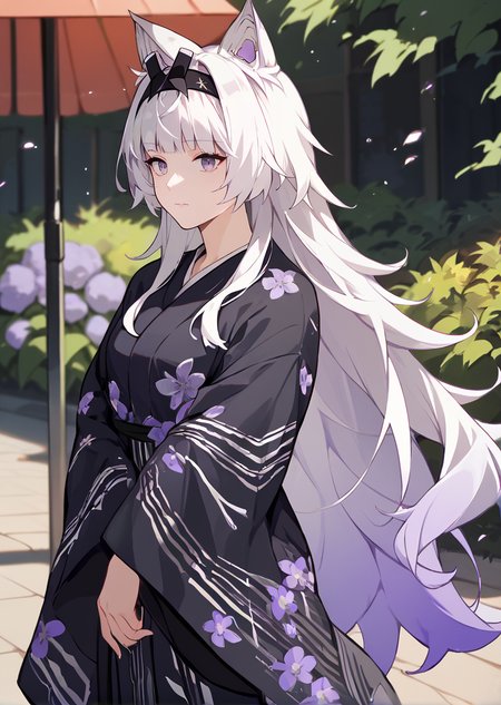 score_9, score_8_up, score_7_up, source_anime, 21feralscent, white hair, long hair, wolf ears, black hairband, purple eyes, black yukata, outdoors, floral print, purple glow
 <lora:feralscent-step00001600:1>